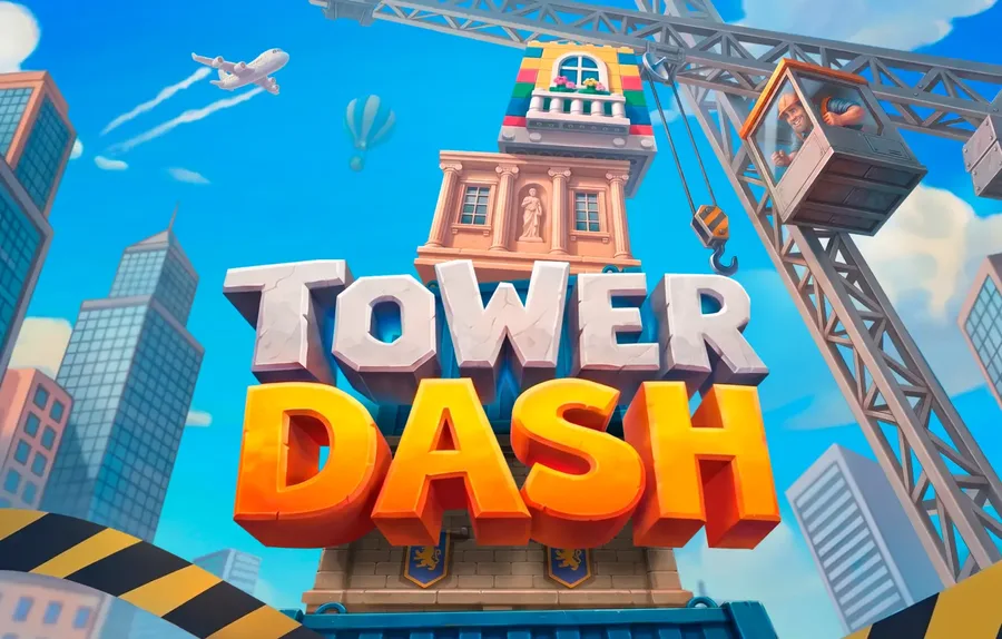 The Tower Dash title art: the game logo against a blue sky with a crane above a city