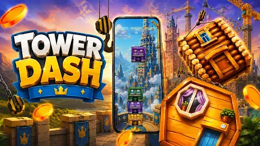 Tower Dash key art showing the tower, the crane and a phone running the game