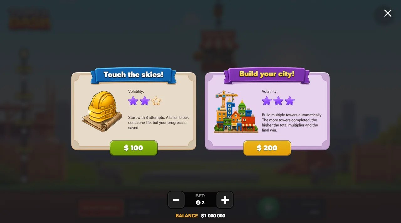The Tower Dash bonus buy menu: Touch the skies! at 100 and Build your city! at 200 on a bet of 2