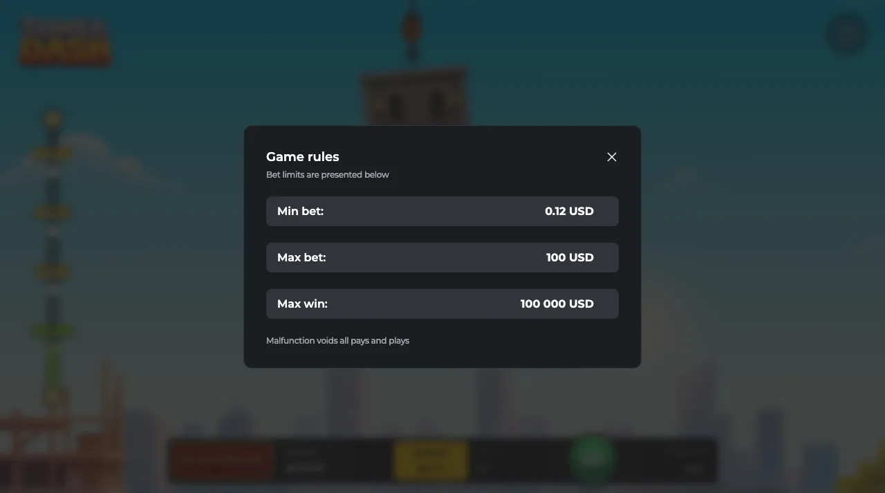The Tower Dash game rules panel listing a 0.12 USD minimum bet, a 100 USD maximum bet and a 100 000 USD maximum win